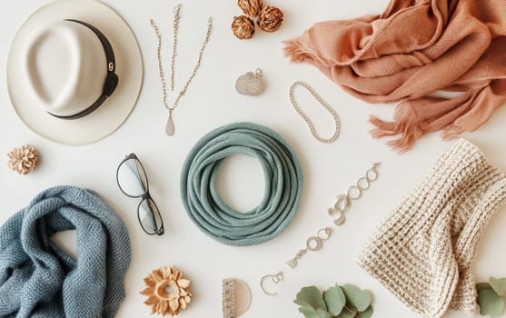 Elegant autumn fashion accessories arranged on white background. Hat, scarves, jewelry, and sunglasses create a cozy and trendy seasonal look.