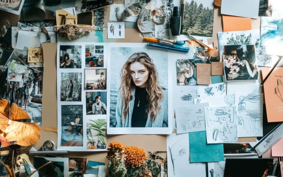 Artistic workspace featuring a central portrait photo surrounded by various images, sketches, and ephemera, showcasing a photographer's creative process.
