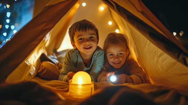 Two smiling children, boy and girl, enjoy a magical moment inside a warm, glowing tent with fairy lights, embodying childhood wonder and imagination.