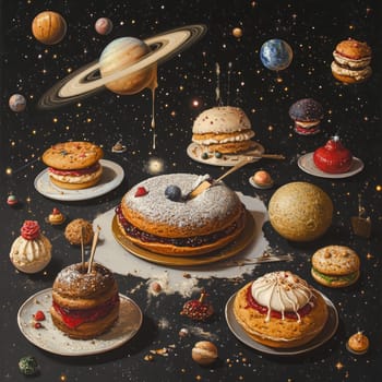 A whimsical array of desserts floating in space, merging gastronomy with cosmic wonders for a surreal culinary experience.