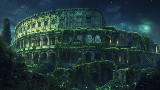 The Colosseum stands illuminated under a starry sky, overgrown with vibrant green vines, creating a mystical nighttime scene.
