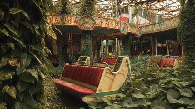 Nature reclaims an abandoned amusement park, with vibrant greenery enveloping the forgotten rides creating a hauntingly beautiful scene.