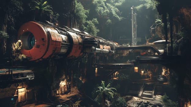 A massive industrial space station nestled within a lush cavern, blending advanced technology with natural beauty.