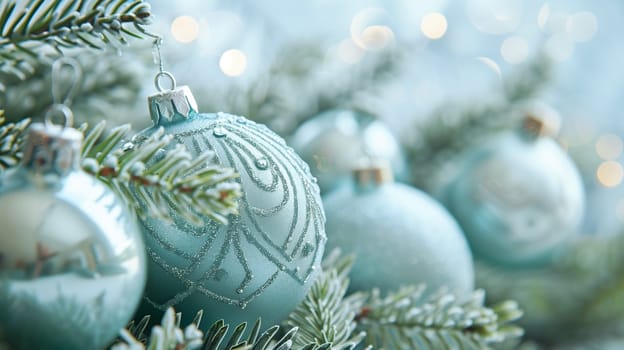 Blue christmas baubles on a fir branch, bokeh fairy light, snowflakes, banner, background or greeting card, winter season