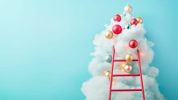 Golden and red christmas baubles, ladder with fluffy cloud, holiday and new year greeting card, winter season