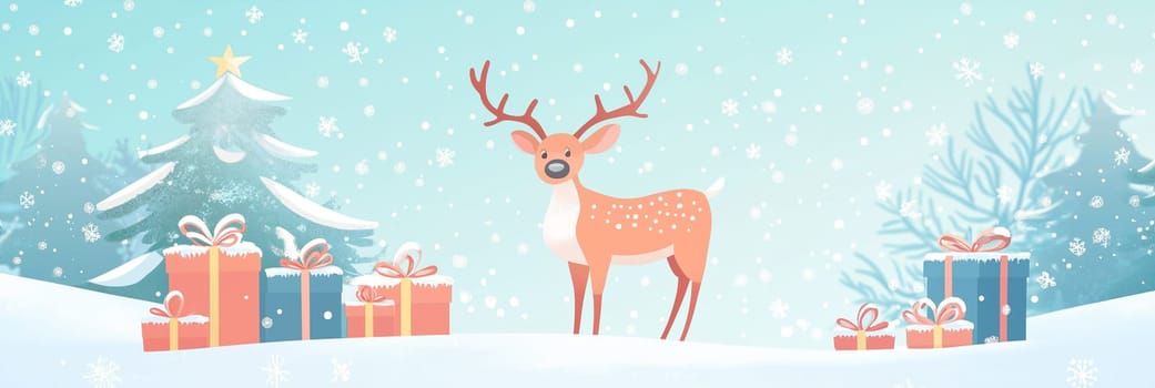 Reindeer with present boxes and a santa claus sack in the snow covered forest, merry christmas holiday greeting card, winter season
