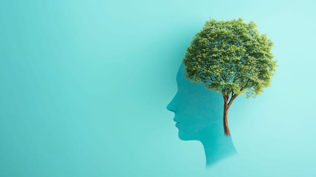 Tree growing in human mind, mental health concept, positive attitude and inspiration, creative thinking brain, personal development und success