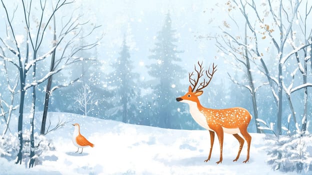 Reindeer and bird in the snow covered forest, merry christmas holiday greeting card, winter season, animal cartoon illustration for children, fairy tale