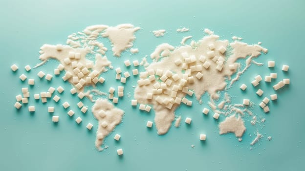 World map made from white refined sugar, international diabetes day, insulin resistant, addiction to sweet unhealthy food, health problem
