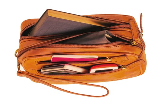 Leather handbag isolated. Close-up of brown businessman luxury leather wrist handbag. Fashionable brown leather briefcase or bag for men. Macro.