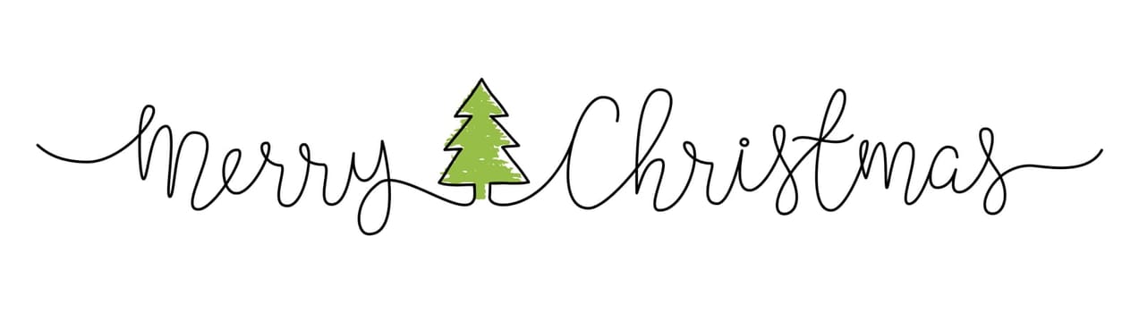 Merry Christmas lettering banner with snow flake hand drawn with thin line, divider shape. Isolated on white background. Vector illustration