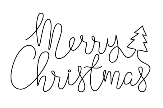 Merry Christmas lettering banner with pine tree hand drawn with thin line, divider shape. Isolated on white background. Vector illustration