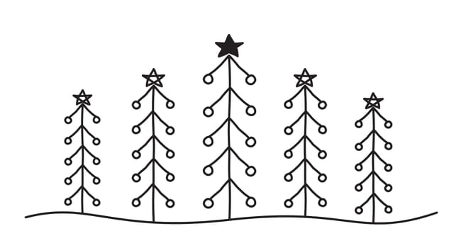 Tangled scribble Christmas Pine Tree forest banner hand drawn with thin line, divider shape. Isolated on white background. Vector illustration