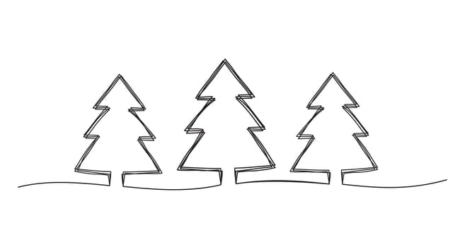 Tangled scribble Christmas Pine Tree forest banner hand drawn with thin line, divider shape. Isolated on white background. Vector illustration