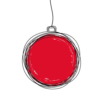 Hand drawn Christmas pine tree ball ornament hanging on a string, holiday card style with copy space. Vector illustration isolated on white background