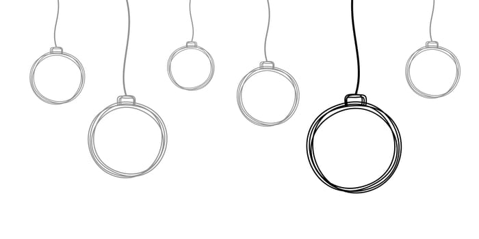 Hand drawn Christmas pine tree ball ornament line hanging on a string, holiday card style with copy space. Vector illustration isolated on white background