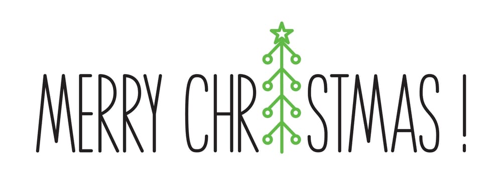 Merry Christmas lettering banner with pine tree hand drawn with thin line, divider shape. Isolated on white background. Vector illustration