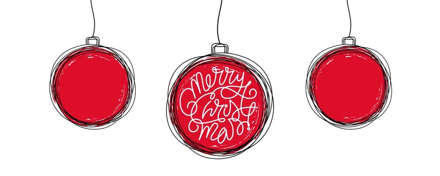 Hand drawn Merry Christmas lettering element in scribble pine tree ball ornament style hanging on a string, holiday card. Vector illustration isolated on white background