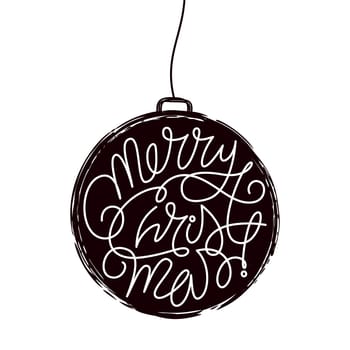 Hand drawn Merry Christmas lettering element in hand painted ink pine tree ball ornament style hanging on a string, holiday card. Vector illustration isolated on white background