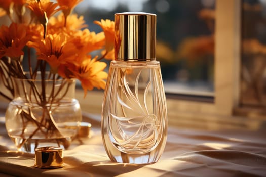 A decorative glass perfume bottle with a gold cap, placed next to vibrant yellow flowers, set in a warm, sunlit environment.