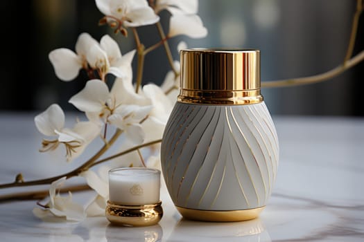 A stylish perfume bottle with white textured details and a gold cap, placed beside delicate white orchids on a glossy surface.