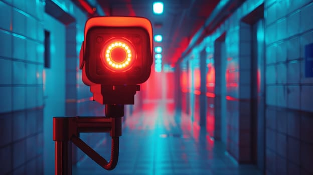 A surveillance camera or lantern glows red in a narrow blue hallway with old tiles on the wall.