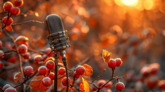 The microphone sits on a branch with red berries. Background with for copy space