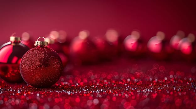 Row of red Christmas tree balls on shiny surface.background with copy space