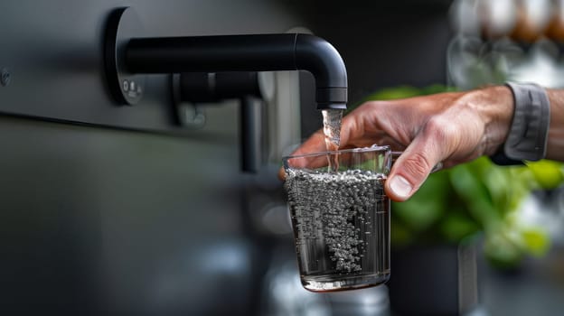 A man pours water into a glass from the tap