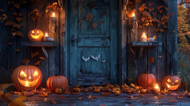 Door with pumpkins and candles on the porch.Halloween background with copy of space