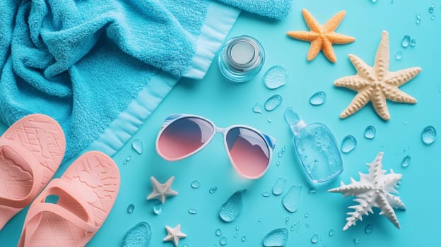 Colorful beach accessories including towel, sunglasses, flip flops, and starfish on light blue background, evoking a relaxing seaside vacation atmosphere.