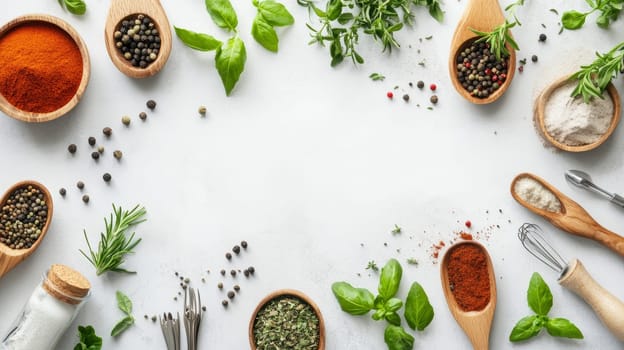 Variety of fresh herbs, colorful spices, and cooking utensils arranged on white background, perfect for food preparation and recipe ideas.