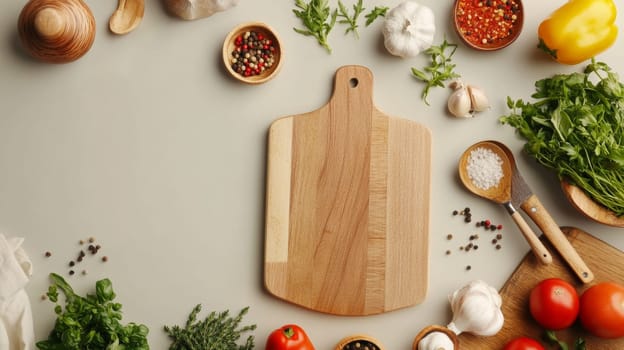 Wooden cutting board surrounded by fresh herbs, spices, vegetables, and cooking utensils on light background, perfect for food preparation and recipe ideas.