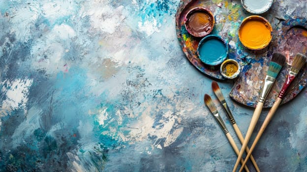 Colorful artist's palette with paint brushes on textured blue background, showcasing creative tools and vibrant hues for artistic expression, copy space available.
