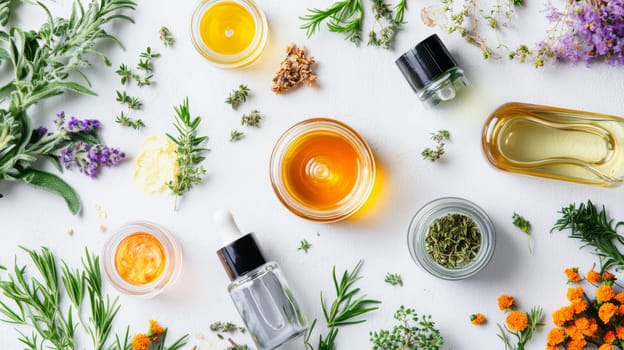 Assortment of essential oils, fresh herbs, and aromatherapy accessories on white background, showcasing natural wellness and holistic health concepts.