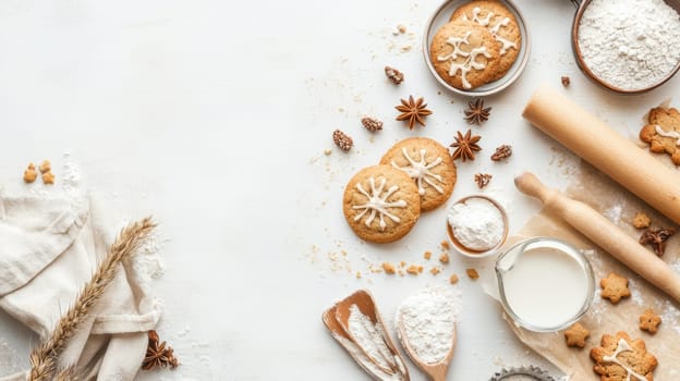 Christmas baking scene with decorated cookies, flour, milk, anise stars, and baking tools on white background, perfect for festive recipe ideas.