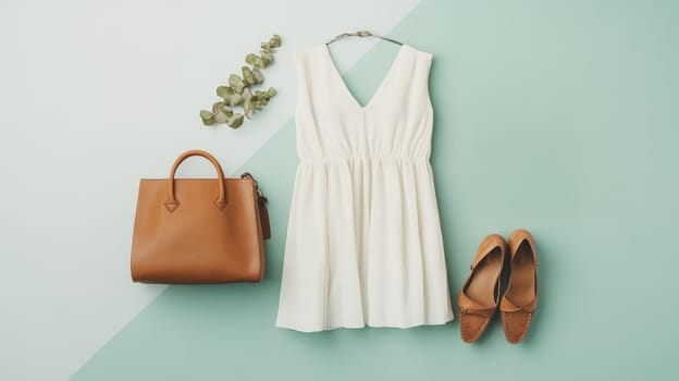 Elegant white sundress with tan accessories including handbag and shoes, arranged on mint green background, perfect for summer fashion inspiration.