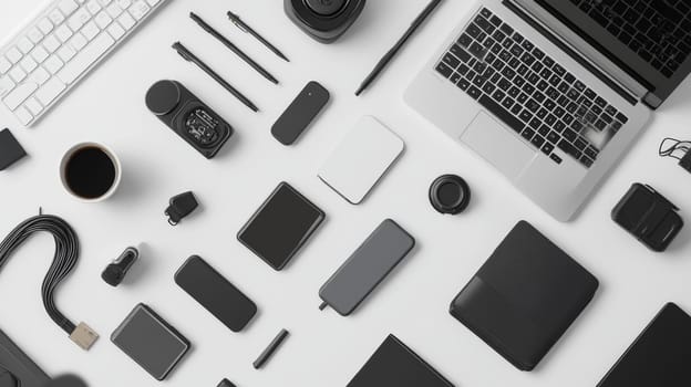 Organized desk setup featuring various electronic devices, laptop, keyboard, and accessories on white background, showcasing a contemporary office environment.