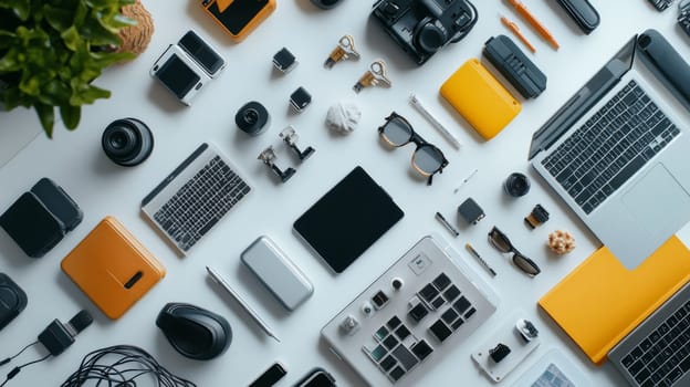 Vibrant collection of electronic devices, cameras, and accessories on white background, featuring laptops, smartphones, and yellow accents for a dynamic tech setup.