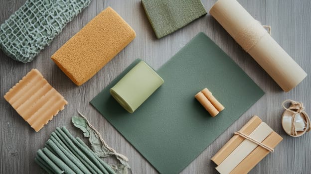 Assortment of sustainable bathroom and cleaning items including bamboo toothbrushes, natural sponges, and reusable cloths on wooden background, promoting zero waste lifestyle.