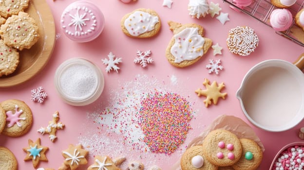 Cheerful arrangement of decorated Christmas cookies, sprinkles, and baking ingredients on a pink background, perfect for holiday baking and treats.