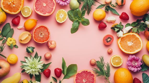 Colorful flat lay of various citrus fruits, berries, and flowers on pink background, creating a vibrant summer composition with copy space.