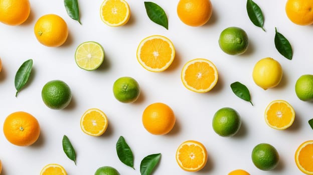 Vibrant assortment of whole and sliced lemons, limes, and oranges creating a fresh pattern against a clean white background, perfect for healthy eating concepts.