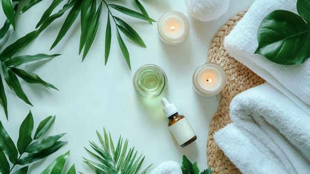 Eco friendly spa setup featuring essential oil, candles, towels, and tropical leaves on light background, emphasizing natural wellness and relaxation.