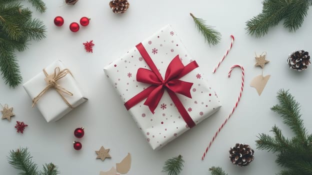 Beautifully wrapped Christmas gifts with red ribbon and natural pine decorations on a white background, creating a festive and elegant holiday scene.