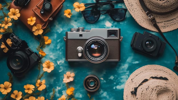 Stylish arrangement of retro cameras, sunglasses, and straw hat with yellow flowers on teal textured background, evoking summer vacation and travel photography.