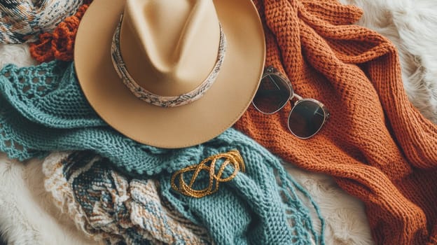 Stylish fall fashion accessories including fedora hat, knit sweaters, sunglasses, and jewelry arranged on soft textures, embodying warm autumn vibes.