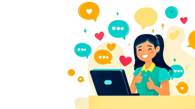 Young woman is using her laptop and giving a thumbs up while surrounded by chat bubbles, hearts and other positive icons