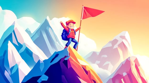 Hiker is standing on a mountain peak at sunset holding a red flag after a successful climb, celebrating his accomplishment