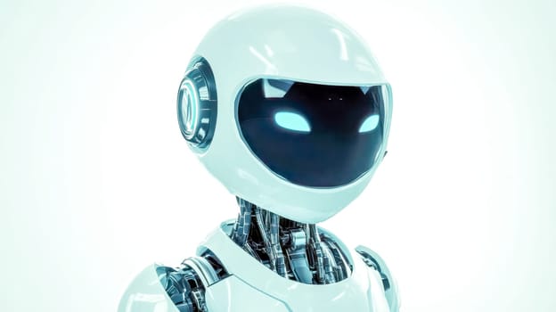 White humanoid robot with blue eyes is staring ahead against a white background. The robot is looking slightly to the left of the frame